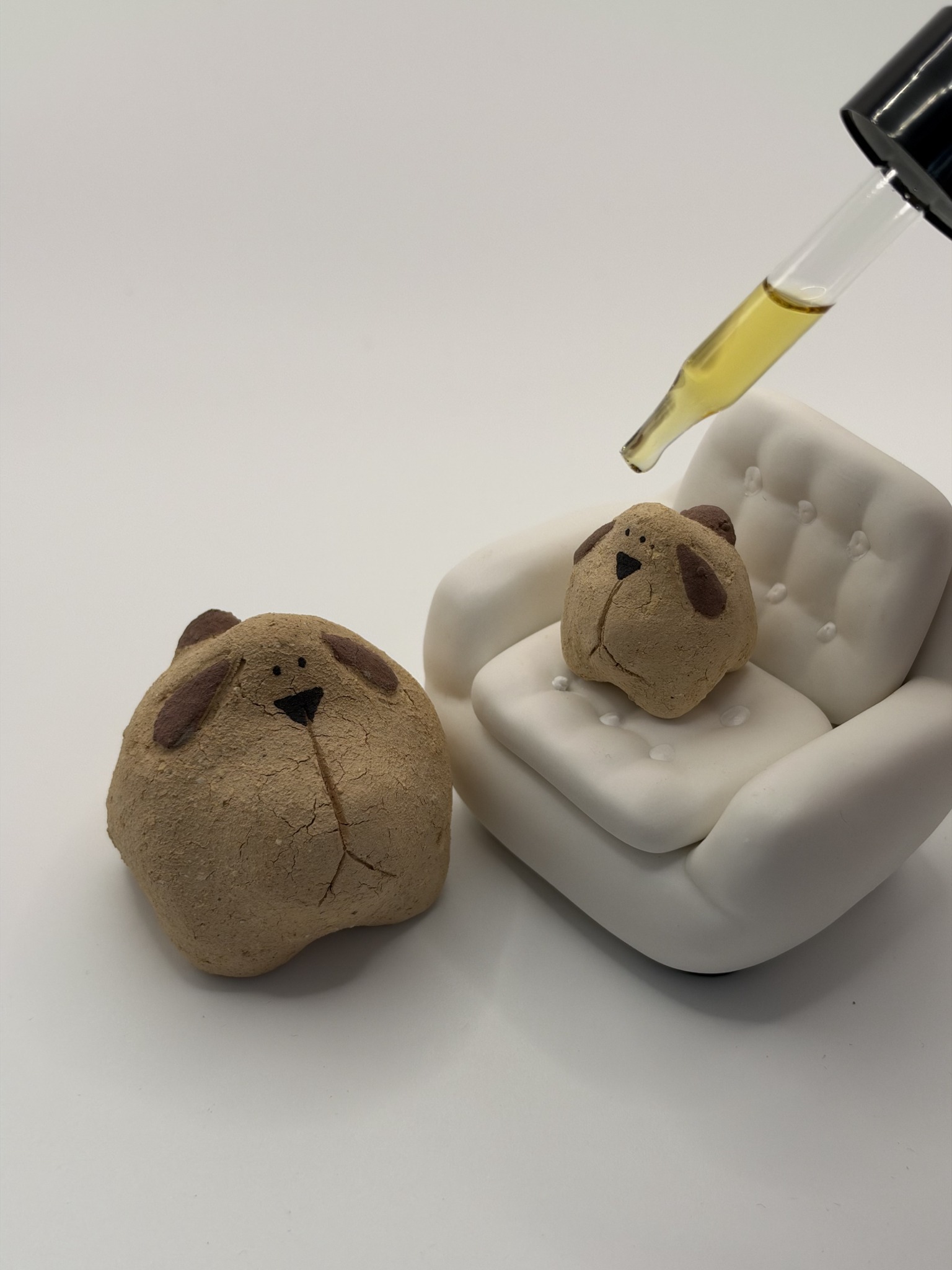 An essential-oil dropper above a rough-textured Silly Pups ceramic figure